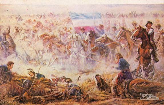 Gravura sobre a batalha de Sarandi, a primeira grande vitória dos uruguaios contra as tropas imperiais brasileiras, em 1825. Eram 2 mil homens de cada lado e as tropas brasileiras sofreram mais de 400 mortes